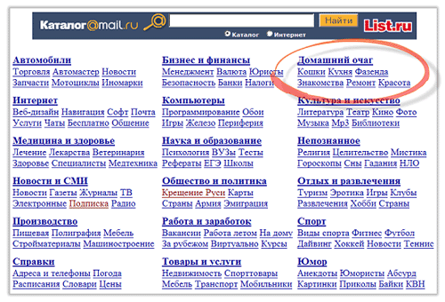 Главная страница каталога list.ru